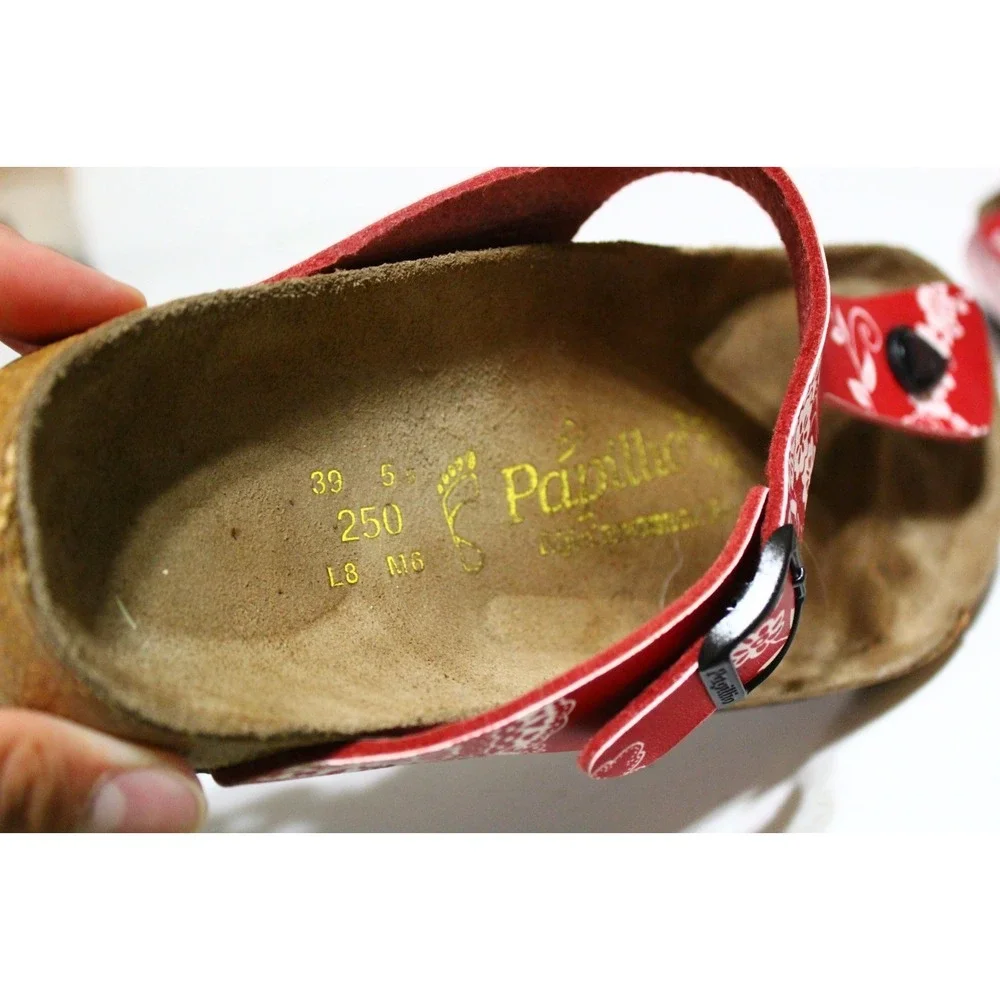 Birkenstock Papillio Gizeh Womens 8 Thong Red Floral T-Strap Slip On Sandal